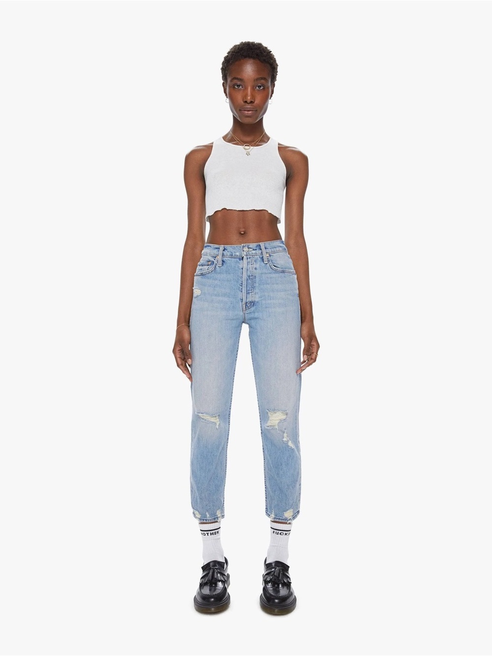 MOTHER Slim Straight Light Blue Distressed Jeans